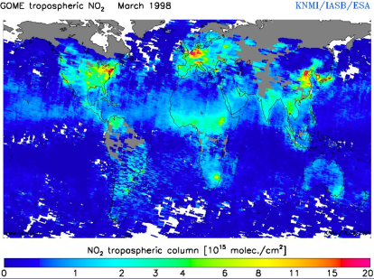 Monthly average Tropospheric NO2 from GOME on-board ERS2, March 1998