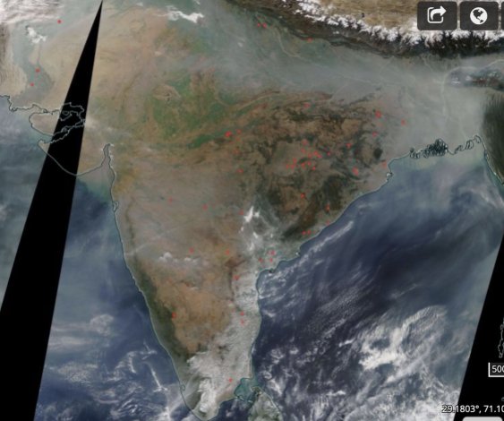 MODIS Terra RGB False colour composite, India 2019.01.18. Source NASA EODIS WorldView https://worldview.earthdata.nasa.gov/?p=geographic&l=VIIRS_SNPP_CorrectedReflectance_TrueColor(hidden),MODIS_Aqua_CorrectedReflectance_TrueColor(hidden),MODIS_Terra_CorrectedReflectance_TrueColor,AIRS_CO_Total_Column_Day(hidden),OMI_Nitrogen_Dioxide_Tropo_Column(hidden),MODIS_Fires_Terra,MODIS_Terra_Aerosol_Optical_Depth_3km(hidden),Reference_Labels(hidden),Reference_Features(hidden),Coastlines&t=2016-01-16&z=3&v=-144.91024116847828,-98.2219769021739,179.4795346467391,100.9030230978261