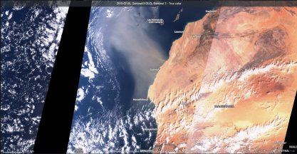 RGB Composite image from OLCI Sentinel-3 of the Saharan dust outbreak of 2019.02.05. Credit SentinelHub.. Source: https://apps.sentinel-hub.com/eo-browser